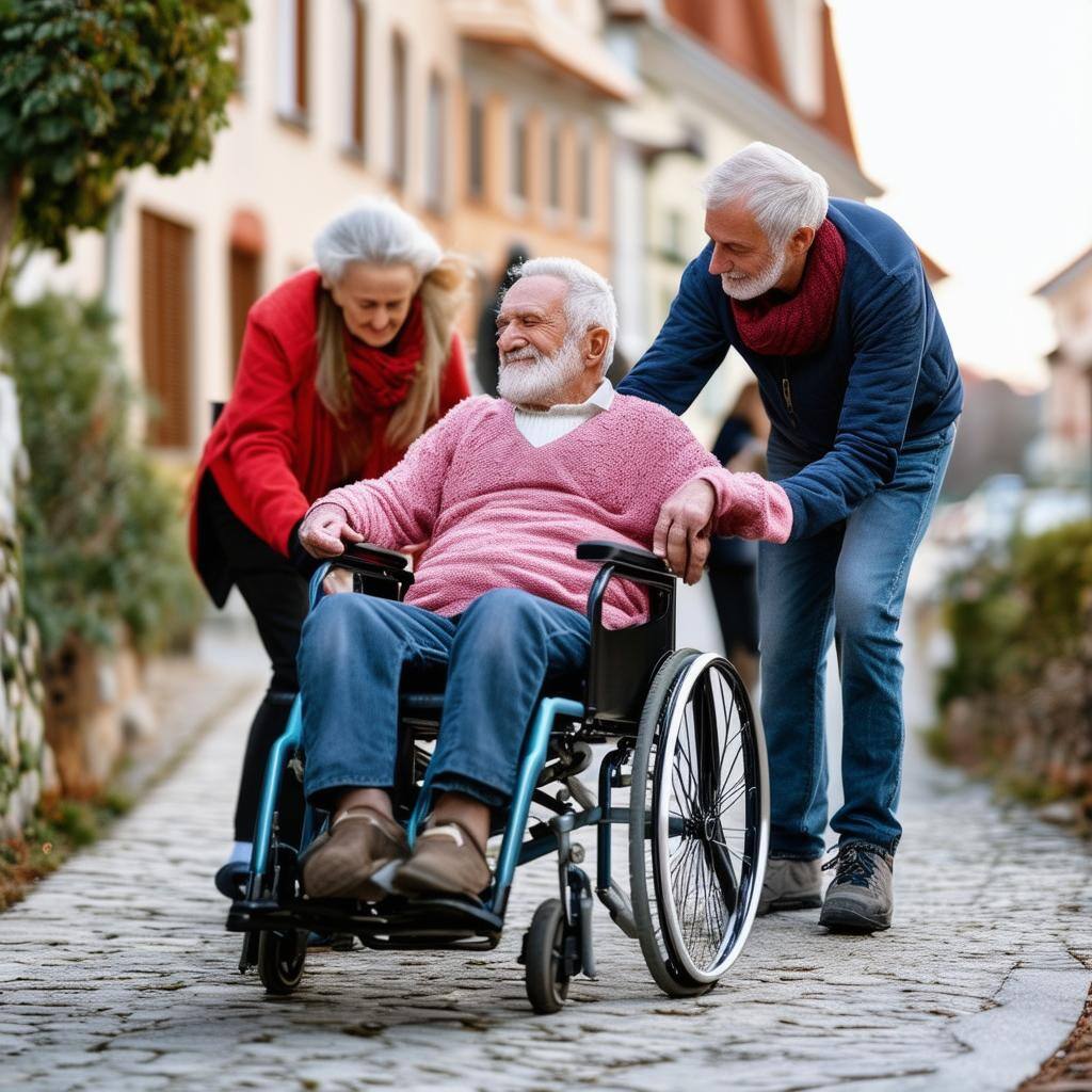 seniors people helping them in wheelchair